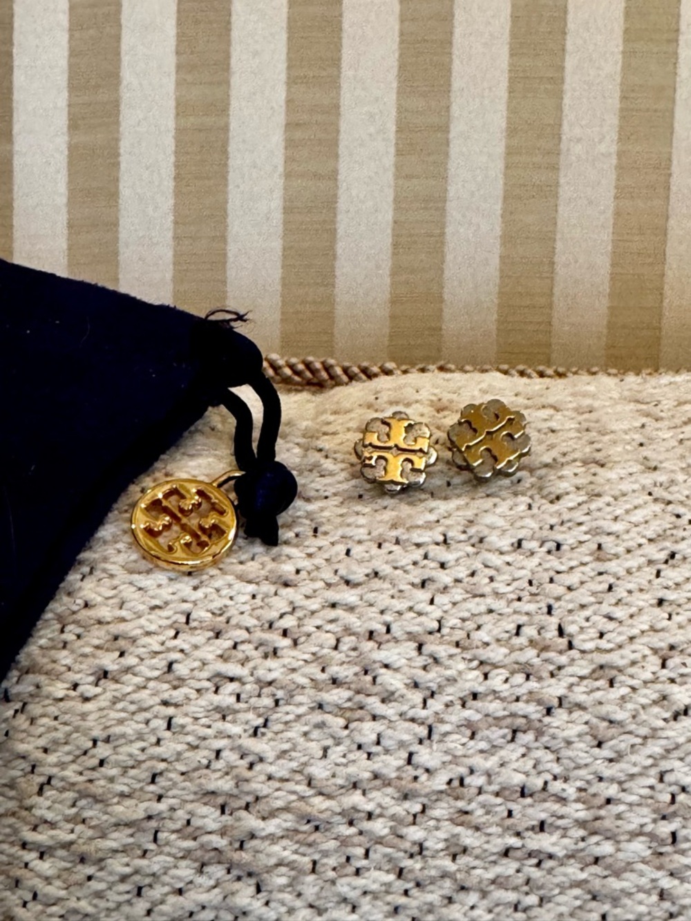 Tory Burch Gold Logo Studs with Gold Round Charm